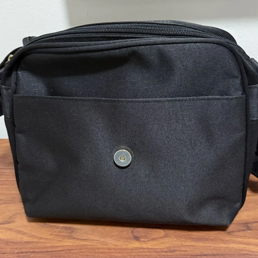 Carlos Falchi Sport Black Nylon Messenger Bag With Adjustable Strap/Gold Logo.